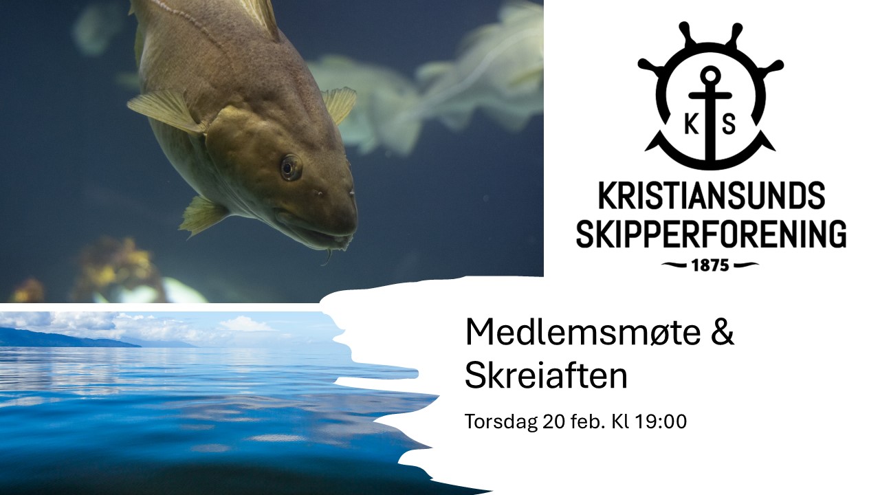 Bilde av skrei, hav og logo til Kristiansunds Skipperforening